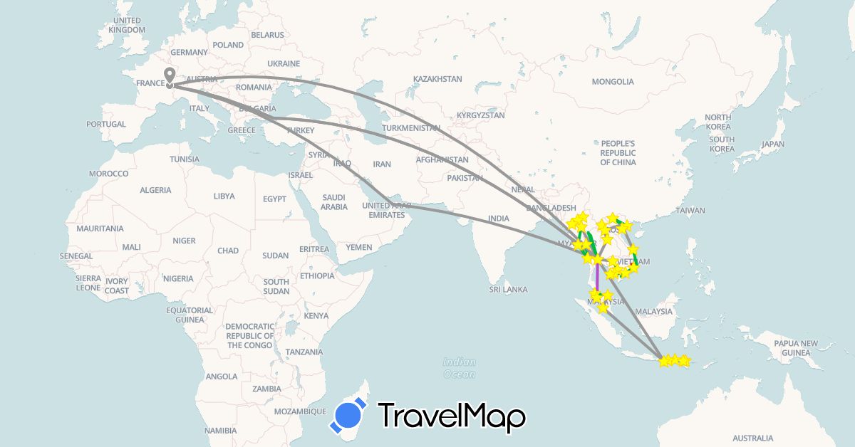 TravelMap itinerary: driving, bus, plane, train, boat, moto in United Arab Emirates, Switzerland, Indonesia, Cambodia, Laos, Myanmar (Burma), Malaysia, Thailand, Turkey, Vietnam (Asia, Europe)